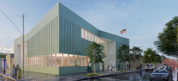 artist rendering of exterior of Rego Park Library