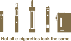 Image of different types of e-cigarettes. Text reads: Not all e-cigarettes look the same.