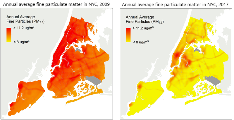 orange map of the annual average of fine particles in NYC in 2009