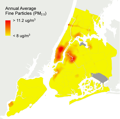 A chart showing a lower level of fine particular matter throughout NYC