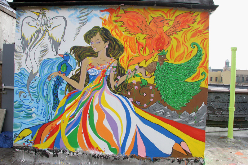 mural of woman with rainbow colored dress and four birds