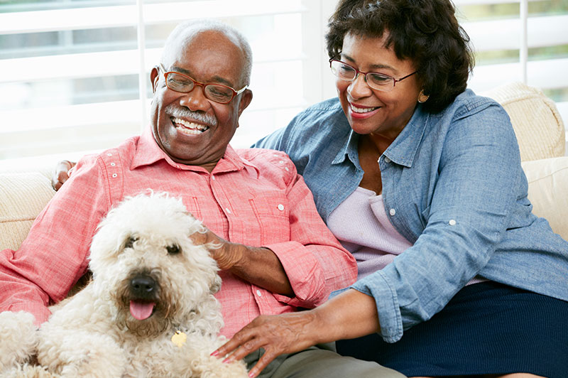 A smiling couple sitting on the couch with their dog.