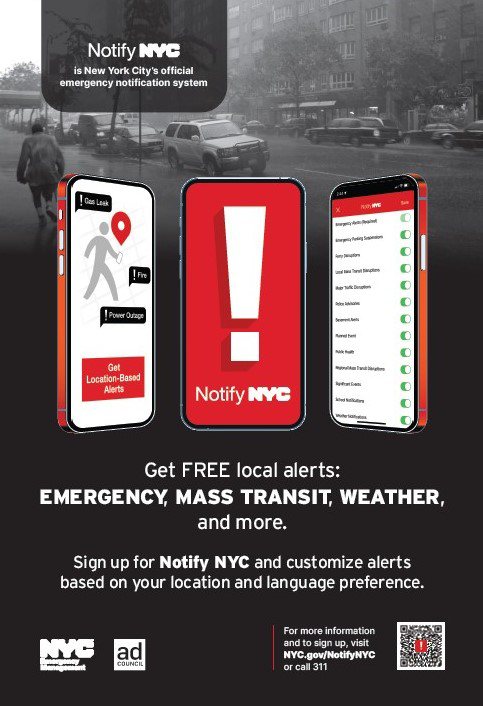 Three phones show the Notify NYC app. A rainy day in black and white is in the background. Text reads: Get free local alerts: Emergency, mass transit, weather, and more.