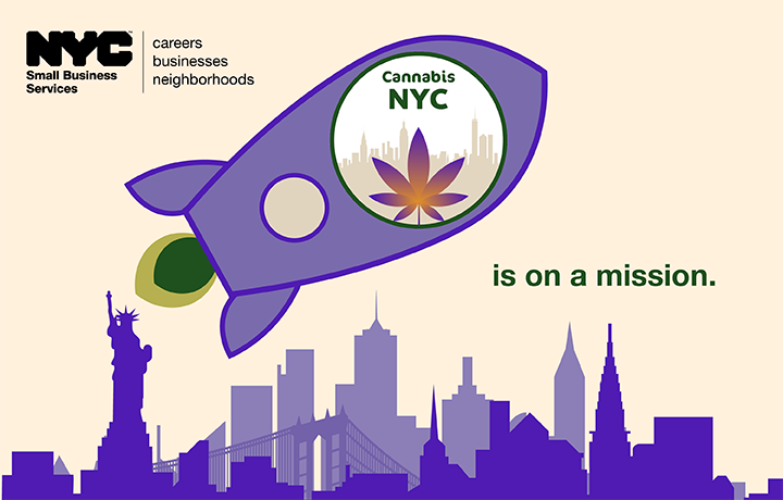 Graphic of a rocket with NYC skyline and text Cannibis NYC is on a mission.
                                           
