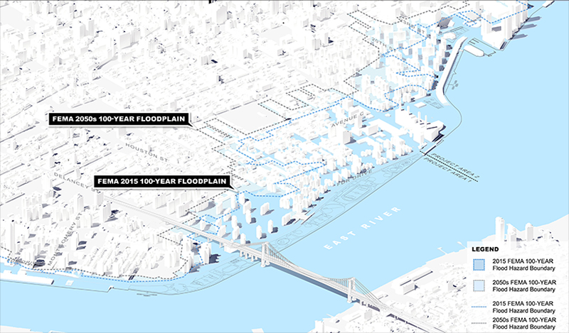 FEMA 2015 100-year floodplain and FEMA 2050s 100-year floodplain along Manhattan's East Side