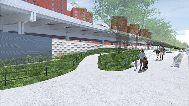 The floodwall and floodgates at Stuyvesant Cove Park