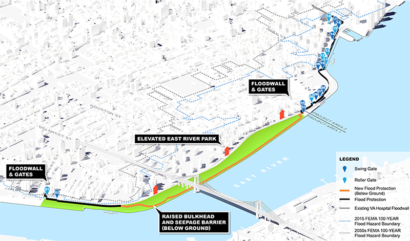 ESCR's integrated flood protection system includes floodwalls and gates and the elevated East River Park