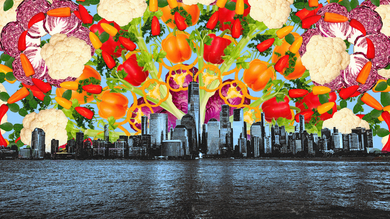 image of fruits and vegetables in the city skyline