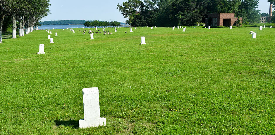 Rows of headstones across a green lawn with trees and water in the distance
                                           