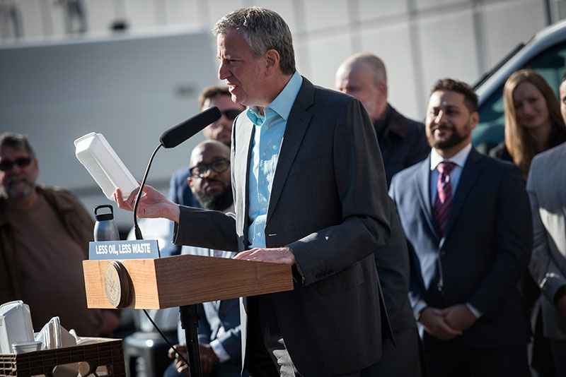 Mayor de Blasio Marks First Day Of New York City’s Styrofoam Ban