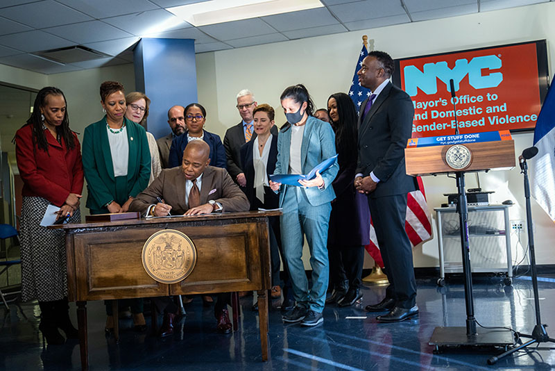Mayor Eric Adams today signed two bills to provide support for survivors of domestic violence 