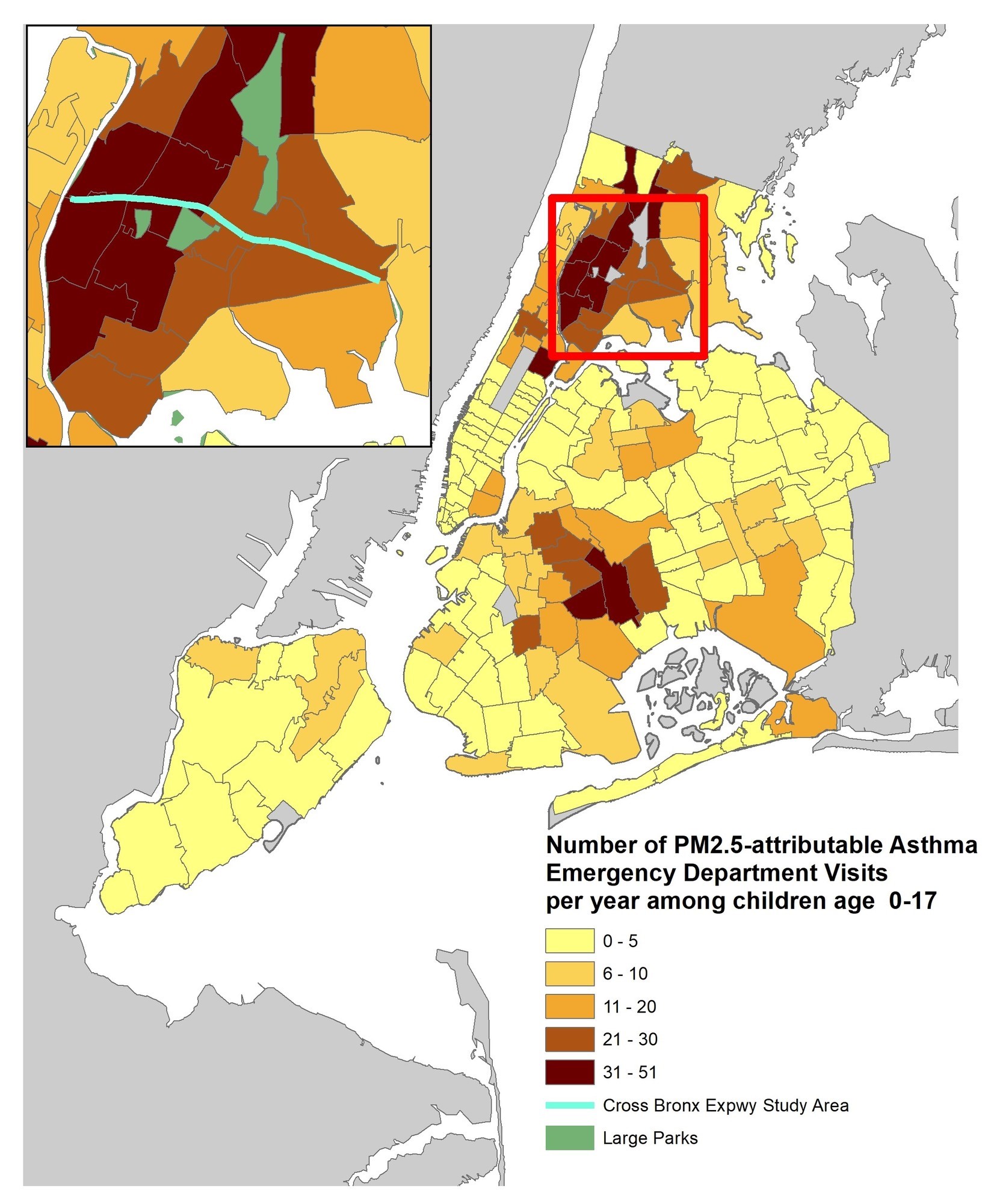 data map for number of PM2.5 attributable Asthma Emergency Department Visits per year among children age 0 to 17