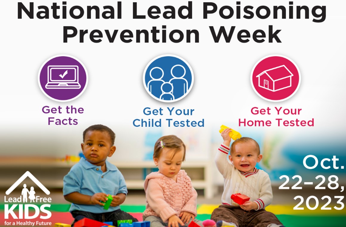 three kids sitting on the floor with text over their head that reads national lead posioning prevention week