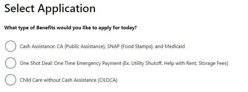 A screenshot of the ACCESS HRA webpage that shows the "Select Application" section describing how to apply for Cash Assistance after log-in.