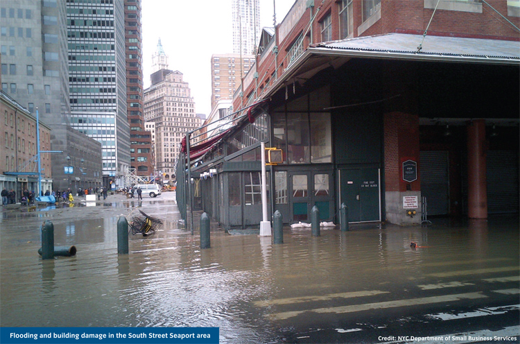Flooding and building damage in the South Street Seaport area