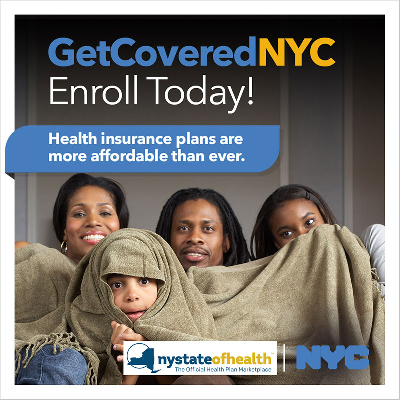 GetCoveredNYC - Enroll Today! Health insurance plans are more affordable than ever. - Photo of a family wrapped up in a blanket.