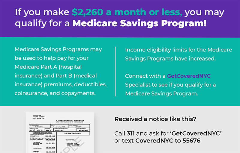 Graphic about the Medicare Savings Program with a sample  letter from NY state you may have received if you qualify for the program. Call  311 and ask for Get Covered to check if you qualify