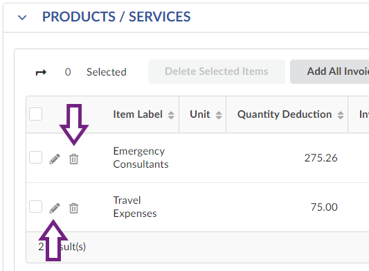 The Products/Services section with a list of item lines on the invoice. On the left end of each item line is a checkbox, a clickable pencil icon, and a clickable trash can icon.