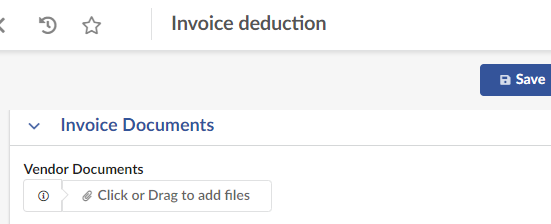 The Invoice Documents section showing the Vendor Documents upload button labeled 'Click or Drag to add files' with an information icon attached on the left side of the button.