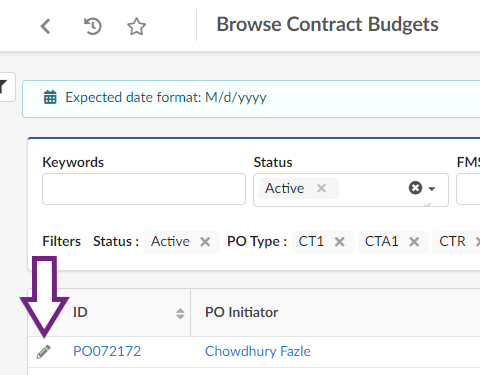 The Browse Contract Budgets page with purchase order search results in a table below the search fields. The result listing has a pencil icon on the left for clicking.