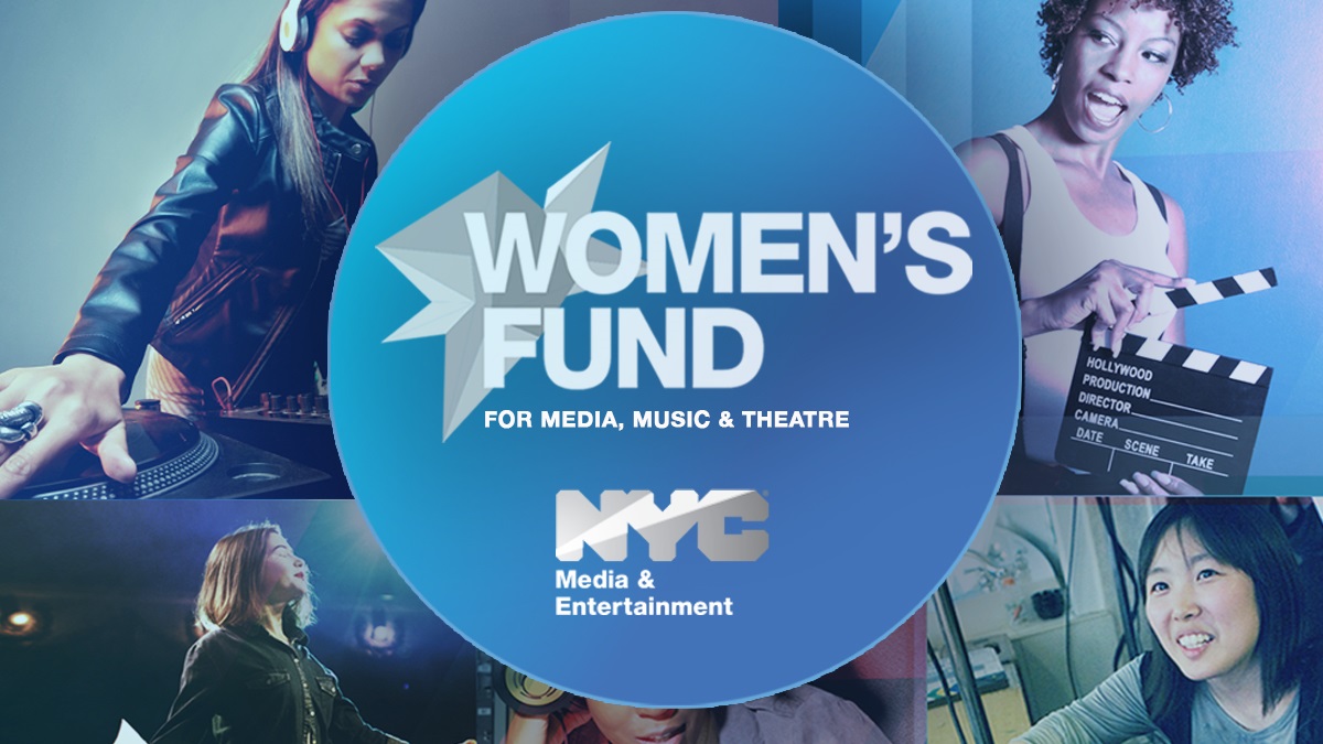 NYC Women's Fund for Media, Music and Theatre banner featuring logo, and several women performing on stage, playing music