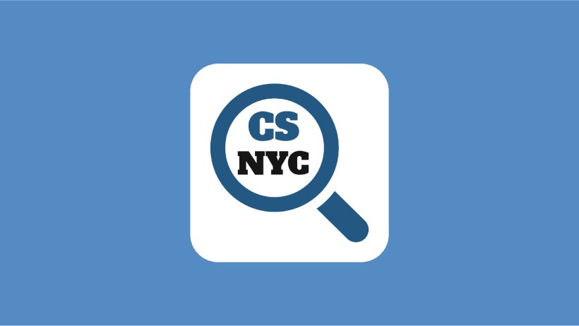 Crime Stoppers app logo, a magnifying class with CS NYC inside