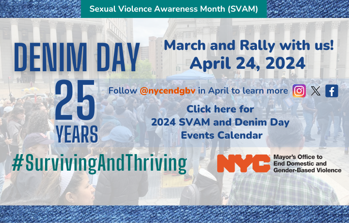 Image of people at rally with text: Denim Day, April 24, 2024, 25 Years Survivin
                                           