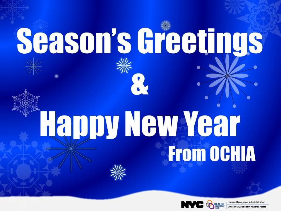 Snowy background with the text "Season's Greetings and Happy New Year from OCHIA
