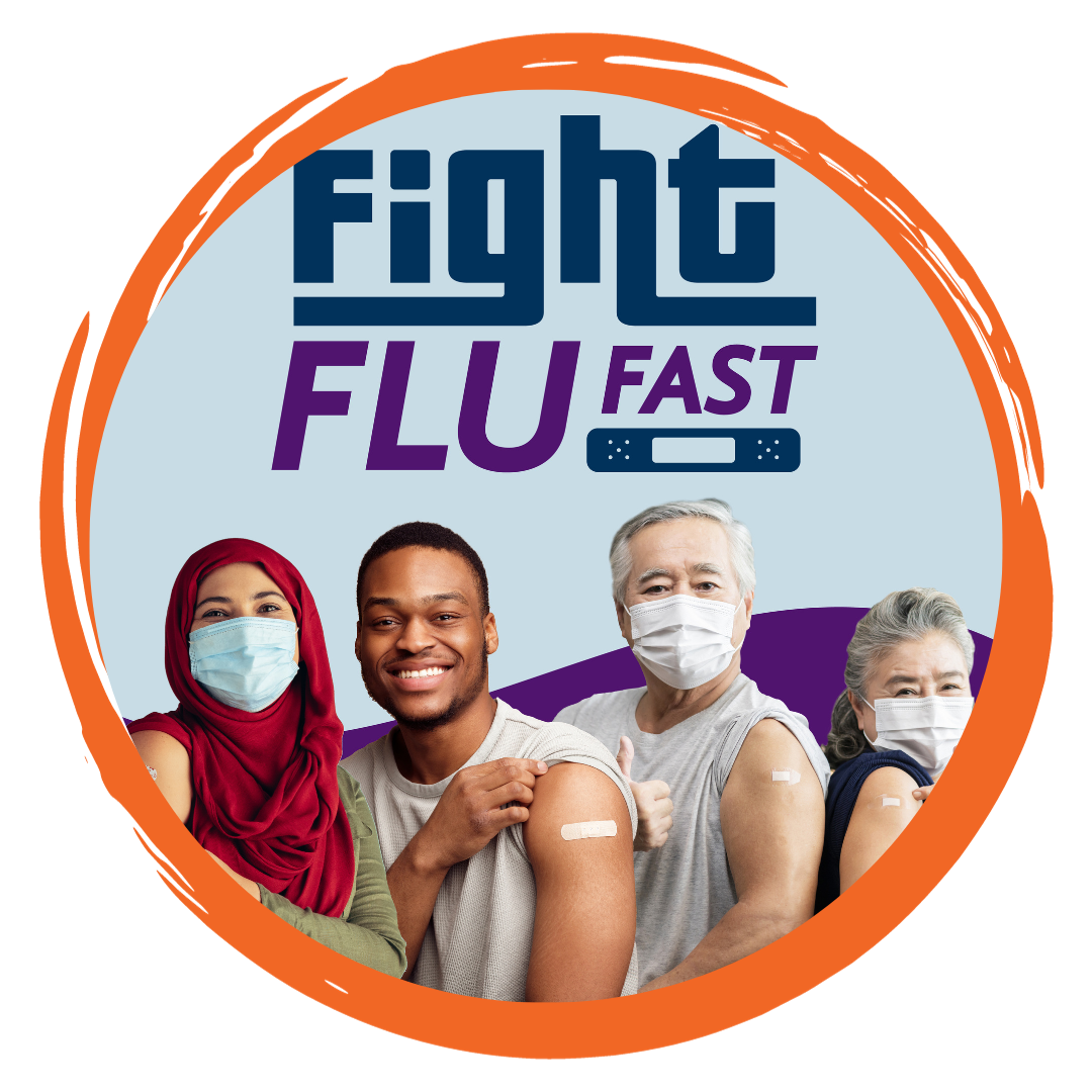 People standing together with bandages on their arms with the words fight flu fast above them