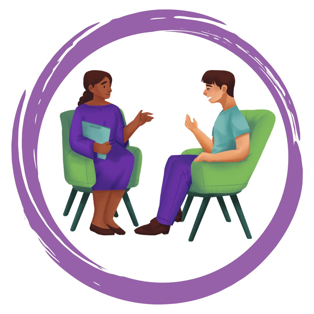 Illustration of two people sitting across from one another talking.  One person is holding a folder. 
