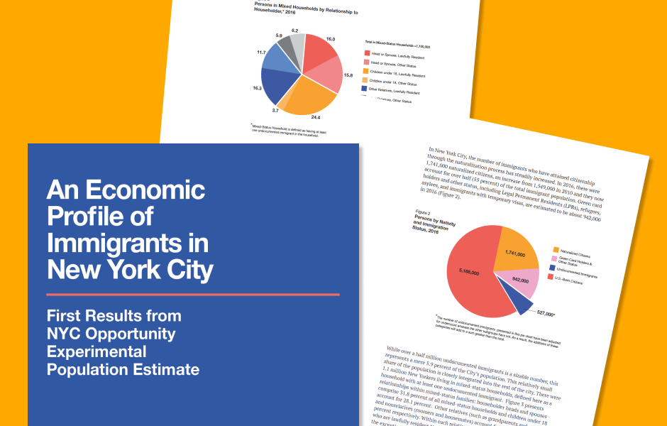 Cover of report and charts from the “Economic Profile of Immigrants in NYC” report