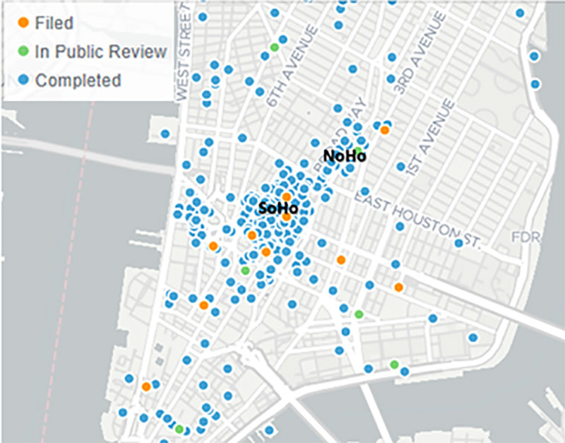 Source: NYC Department of City Planning, Zoning Application Portal (ZAP) Search (Disclaimer: Given limitations on data visualization, multiple special permit applications on the same block and lot may be shown on the map with a single dot at this scale.)