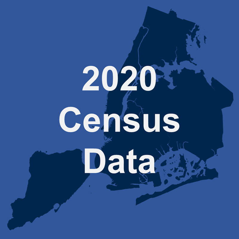 Map of New York City on blue background with text that reads 2020 Census Data