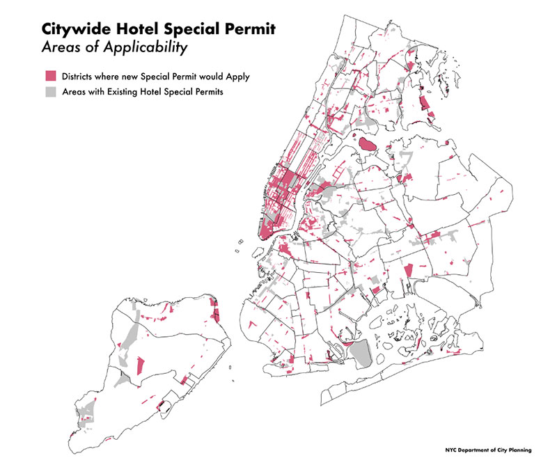 Map of new York with pink and gray shading. Title reads: Citywide Hotel Special Permit Areas of Applicability. Pink shading denotes “Districts where new Special Permit would apply.” Gray shading denotes “Areas with Existing Hotel Special Permits.”
