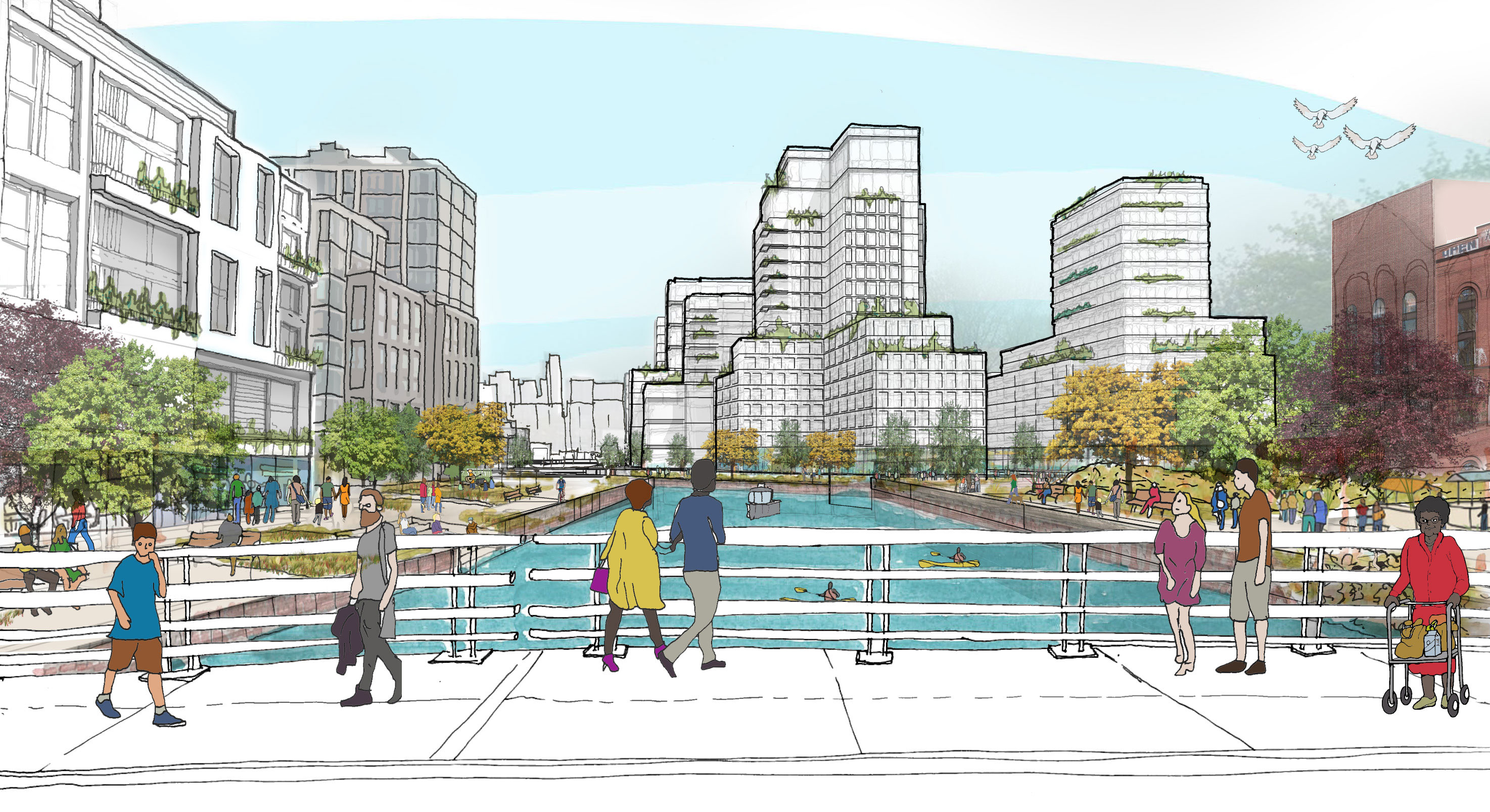 Vision sketch of Gowanus canal bridge crossing with waterfront development and pedestrian activity
