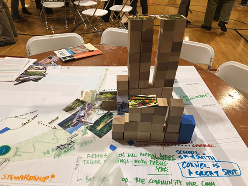November 2018 - Wooden blocks stacked to represent one group's building massing vision for Public Place