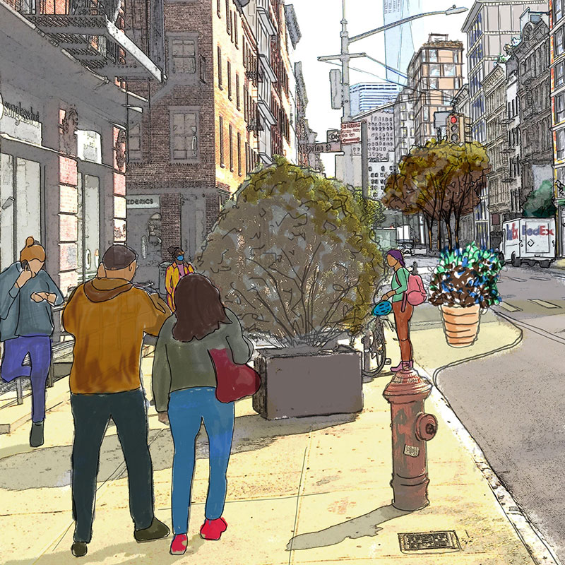 : Illustration of people on a sidewalk