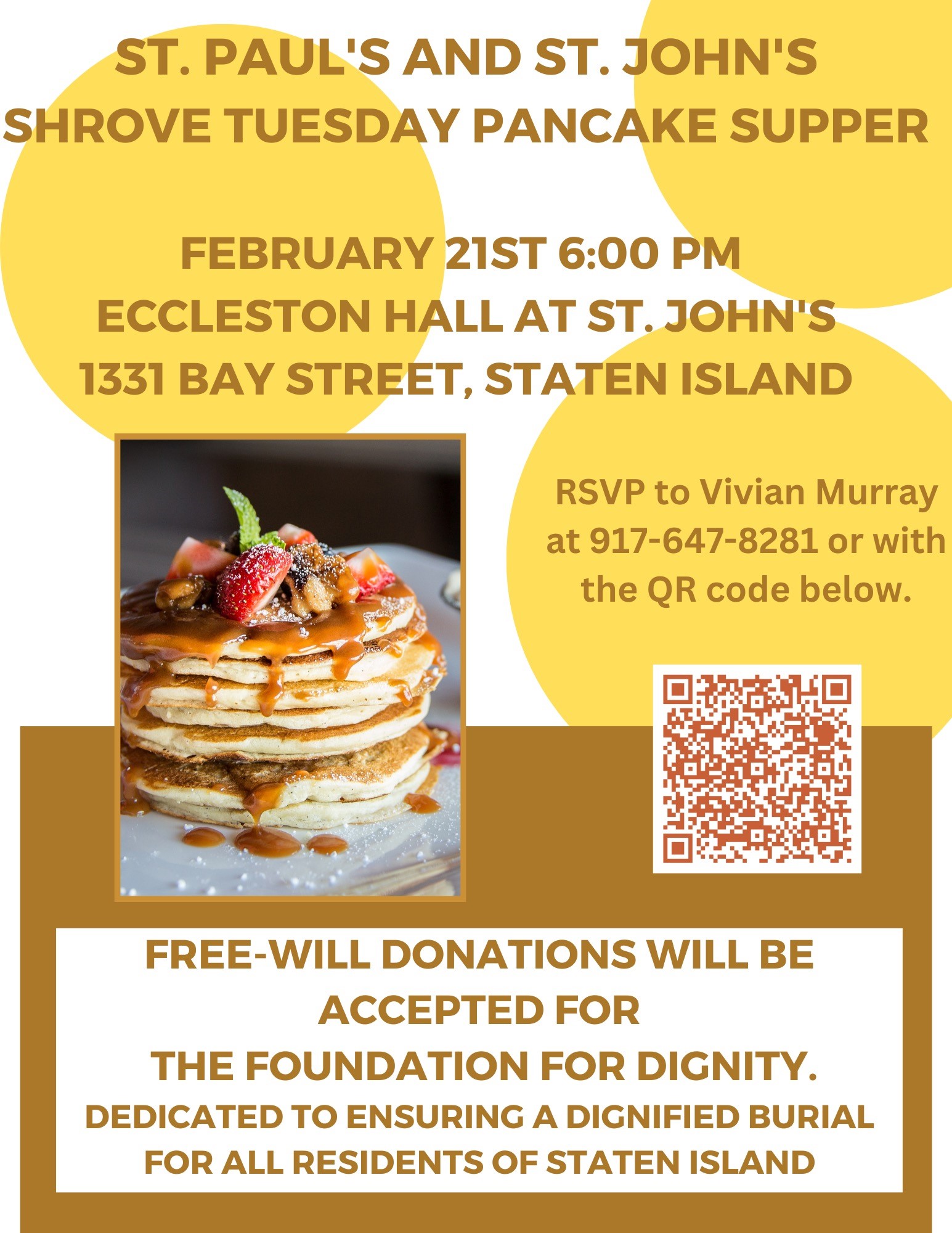 St. Paul and St. John Shrove Tuesday Pancake Supper, February 21, 6PM, RSVP to Vivian Murray at 917 647 8281