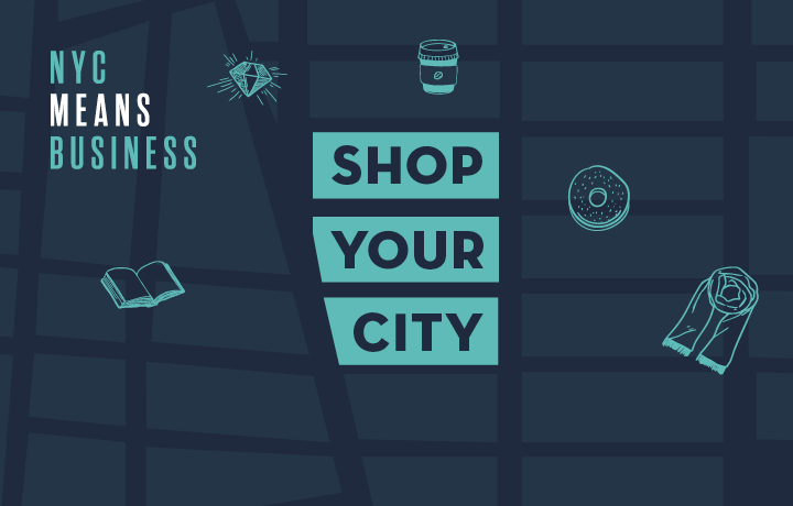 Illustration with icons of products and text NYC Means Business Shop Your City
                                           