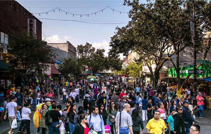 A large group of people at a street fair with stores on either side
                                           