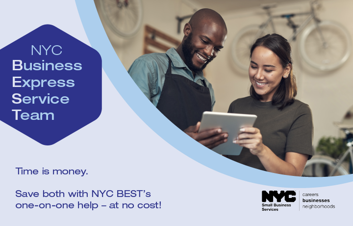Man and woman looking at tablet with text NYC Business Express Service Team
                                           