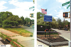 Before and after photos of an Adopt-A-Highway Volunteer Site on the side of the Korean War Veterans Memorial Parkway.Before: brown and green grass patches. After: Adopt a Highway Beautification sign now in grass area, along with miniature white picket fence bordering a new planting bed. The Sign Reads:  A Family Affair Realty