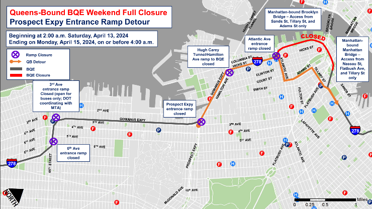 Map of the Prospect Expressway entrance ramp detour during the full closure of the Queens-bound B Q E between Atlantic Avenue and Sands Street in Brooklyn from April 13 to April 15, 2024.