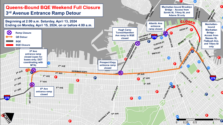 Map of the Third Avenue entrance ramp detour during the full closure of the Queens-bound B Q E between Atlantic Avenue and Sands Street in Brooklyn from April 13 to April 15, 2024.