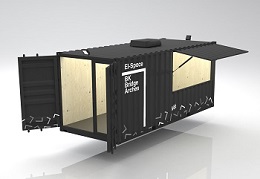 A rendering of “El-Box”, a shipping container painted black with a window.