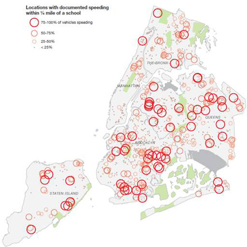 Map of documented locations of vehicles speeding within 1/4 mile of schools