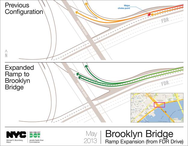 Brooklyn Bridge Ramp Expansion from FDR Drive - previous and expanded configuration