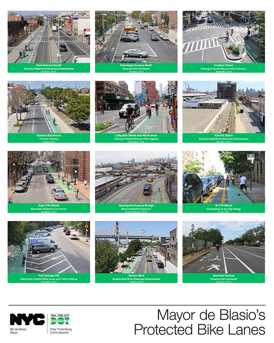 12 image grid of Mayor De Blasio's Protected Bike Lanes
