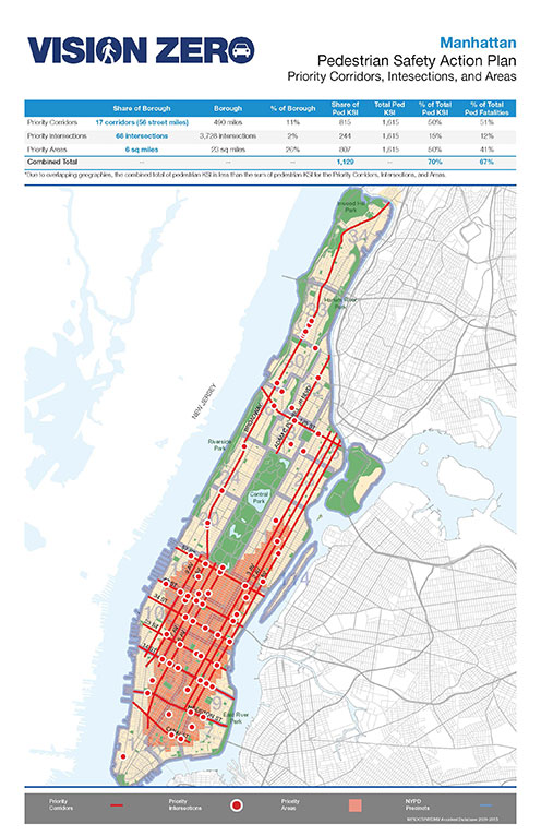Vision Zero Manhattan Priority Corridors, Intersections and Areas Map