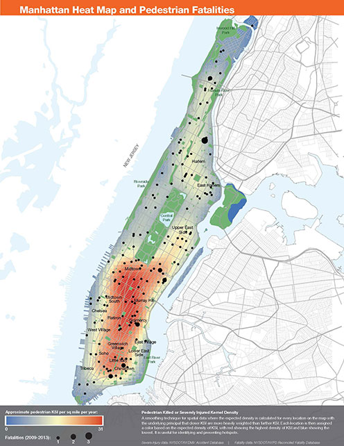 Vision Zero Manhattan Heat and Pedestrian Fatalities Map